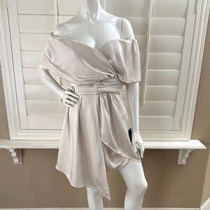 Lulus Always Celebrating Ivory Satin Off-the-Shoulder Mini Dress